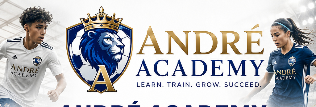 André Academy promotional artwork featuring two soccer athletes and its crowned lion emblem